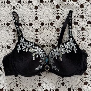 Vintage Marciano Black Velour Jeweled Bra Size 34B Rhinestone Embellished